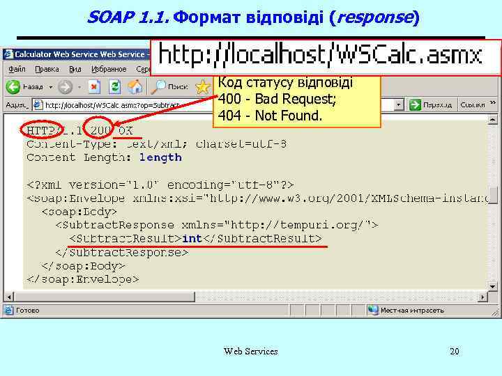 SOAP 1. 1. Формат відповіді (response) Код статусу відповіді 400 - Bad Request; 404