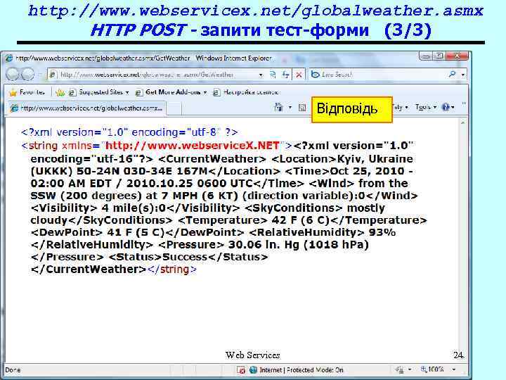 http: //www. webservicex. net/globalweather. asmx HTTP POST - запити тест-форми (3/3) Відповідь Web Services