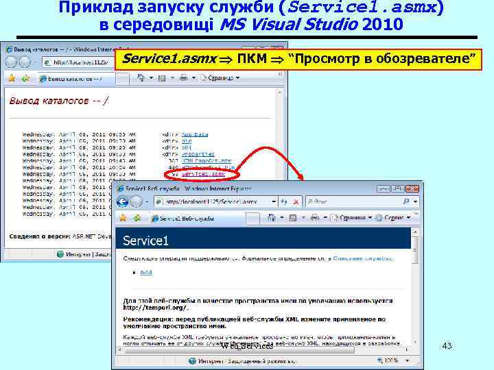 Приклад запуску служби (Service 1. asmx) в середовищі MS Visual Studio 2010 Service 1.