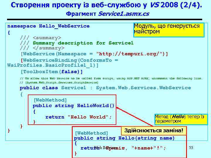 Створення проекту із веб-службою у VS 2008 (2/4). Фрагмент Service 1. asmx. cs namespace