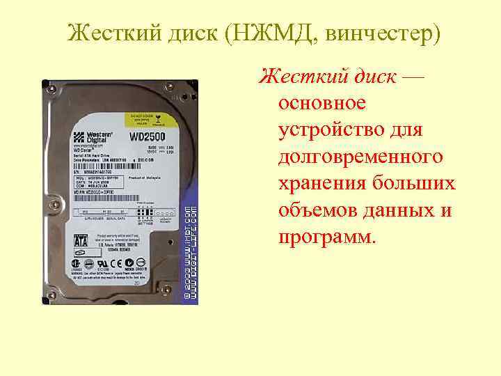 Жесткий диск (НЖМД, винчестер) Жесткий диск — основное устройство для долговременного хранения больших объемов