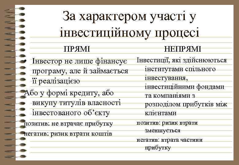 За характером участі у інвестиційному процесі ПРЯМІ • Інвестор не лише фінансує програму, але