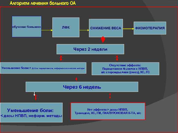 Алгоритм лечения больного ОА обучение больного ЛФК СНИЖЕНИЕ ВЕСА ФИЗИОТЕРАПИЯ Через 2 недели Уменьшение