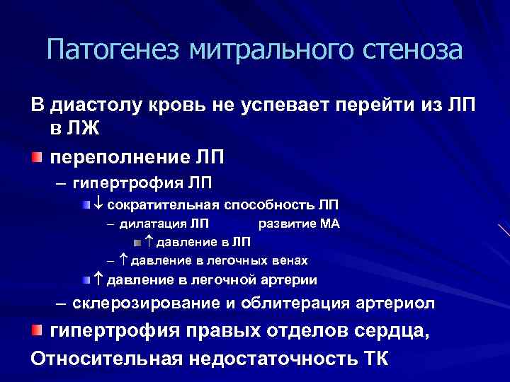 Патогенез митрального стеноза В диастолу кровь не успевает перейти из ЛП в ЛЖ переполнение