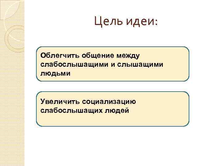 Цель идеи: Облегчить общение между слабослышащими и слышащими людьми Увеличить социализацию слабослышащих людей 