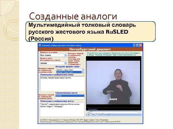 Созданные аналоги Мультимедийный толковый словарь русского жестового языка Ru. SLED (Россия) 