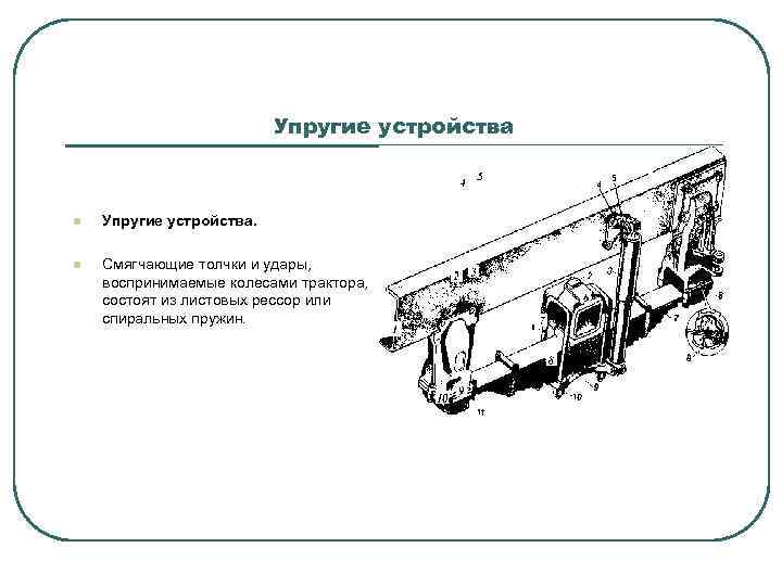 Упругие устройства l Упругие устройства. l Смягчающие толчки и удары, воспринимаемые колесами трактора, состоят