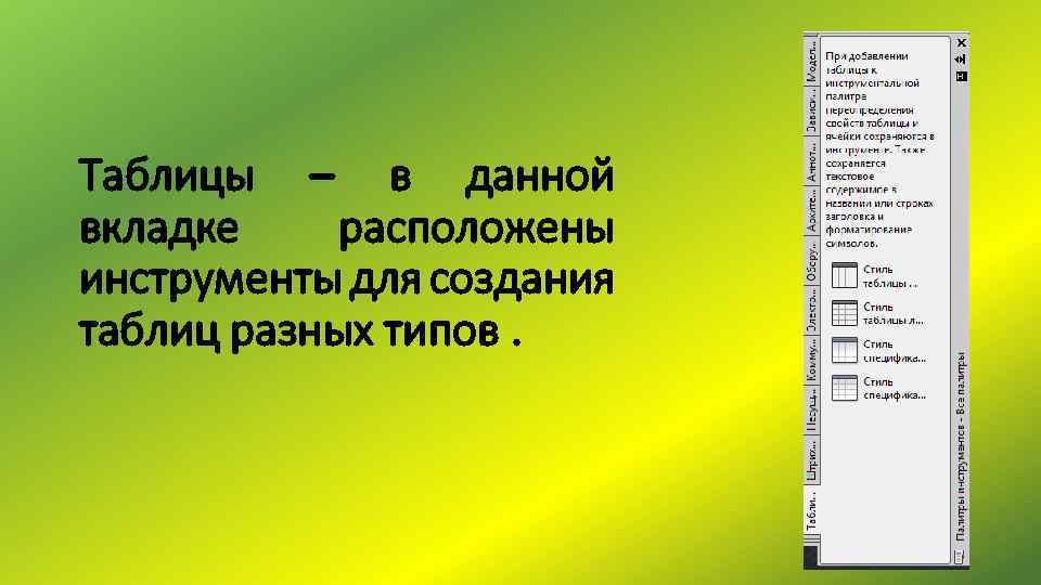 Таблицы – в данной вкладке расположены инструменты для создания таблиц разных типов. 