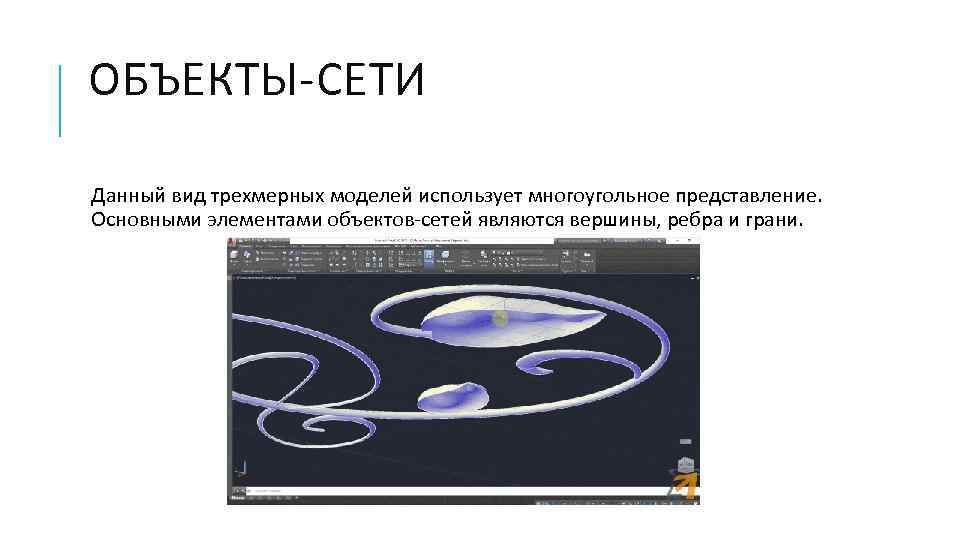 ОБЪЕКТЫ-СЕТИ Данный вид трехмерных моделей использует многоугольное представление. Основными элементами объектов-сетей являются вершины, ребра