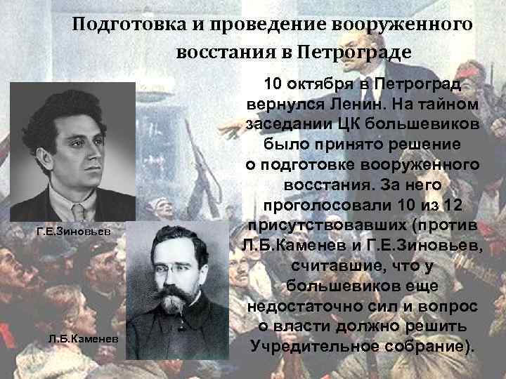 Подготовка и проведение вооруженного восстания в Петрограде Г. Е. Зиновьев Л. Б. Каменев 10