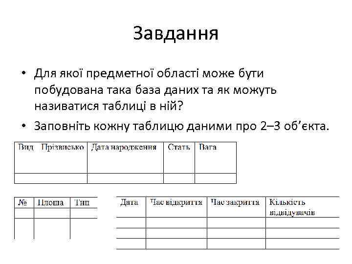 Завдання • Для якої предметної області може бути побудована така база даних та як