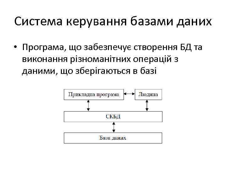 Система керування базами даних • Програма, що забезпечує створення БД та виконання різноманітних операцій