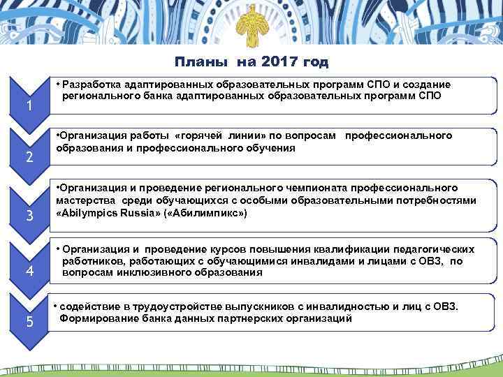 Планы на 2017 год 1 2 • Разработка адаптированных образовательных программ СПО и создание