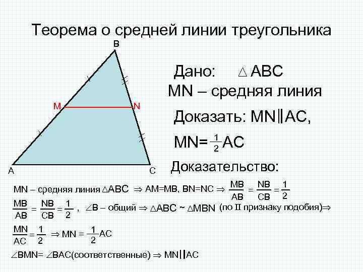 Теорема о средней линии треугольника B АВС Дано: MN – средняя линия M N