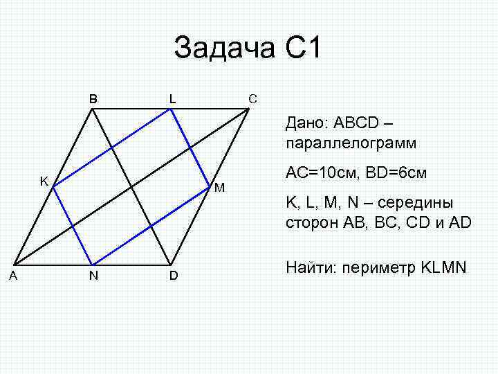 Задача С 1 B L C Дано: ABCD – параллелограмм K A M N