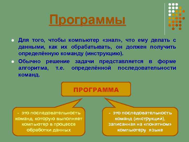 Программы Для того, чтобы компьютер «знал» , что ему делать с данными, как их