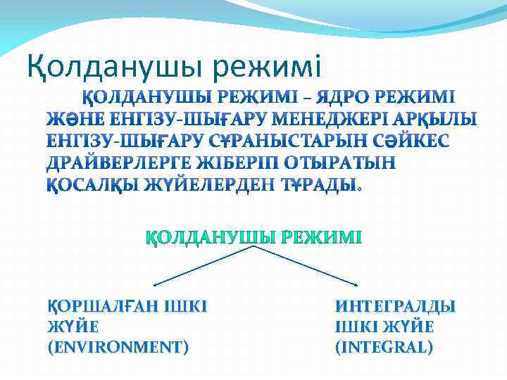 Қолданушы режимі ҚОРШАЛҒАН ІШКІ ЖҮЙЕ (ENVIRONMENT) ИНТЕГРАЛДЫ ІШКІ ЖҮЙЕ (INTEGRAL) 