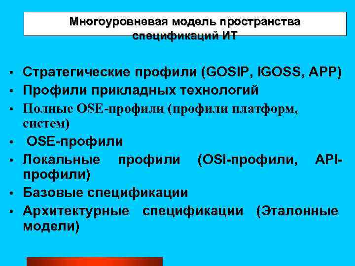 Многоуровневая модель пространства спецификаций ИТ • • Стратегические профили (GOSIP, IGOSS, APP) Профили прикладных