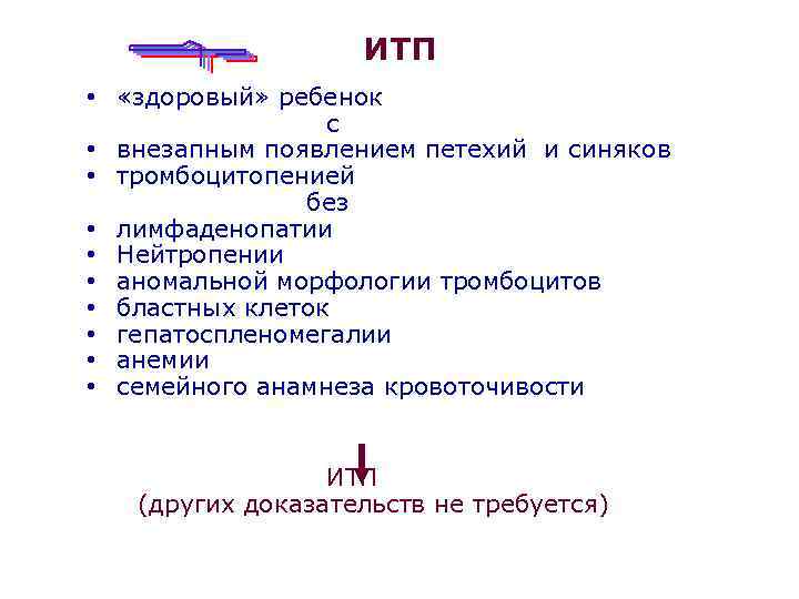 ИТП • «здоровый» ребенок с • внезапным появлением петехий и синяков • тромбоцитопенией без