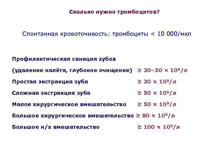 Сколько нужно тромбоцитов? Спонтанная кровоточивость: тромбоциты < 10 000/мкл Профилактическая санация зубов (удаление налёта,
