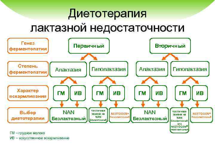 Диетотерапия лактазной недостаточности Генез ферментопатии Степень ферментопатии Характер вскармливания Выбор диетотерапии Первичный Алактазия ГМ