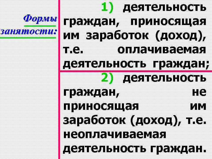 1) деятельность Формы граждан, приносящая занятости: им заработок (доход), т. е. оплачиваемая деятельность граждан;