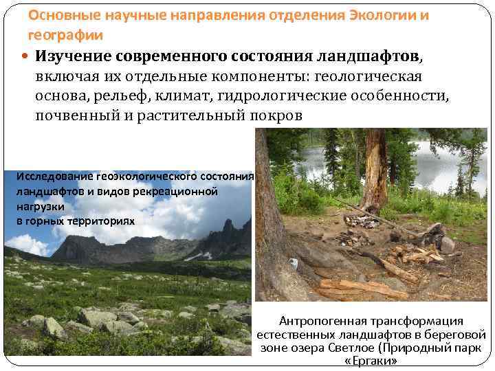Основные научные направления отделения Экологии и географии Изучение современного состояния ландшафтов, включая их отдельные