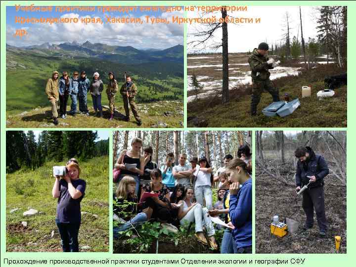 Учебные практики проходят ежегодно на территории Красноярского края, Хакасии, Тувы, Иркутской области и др.