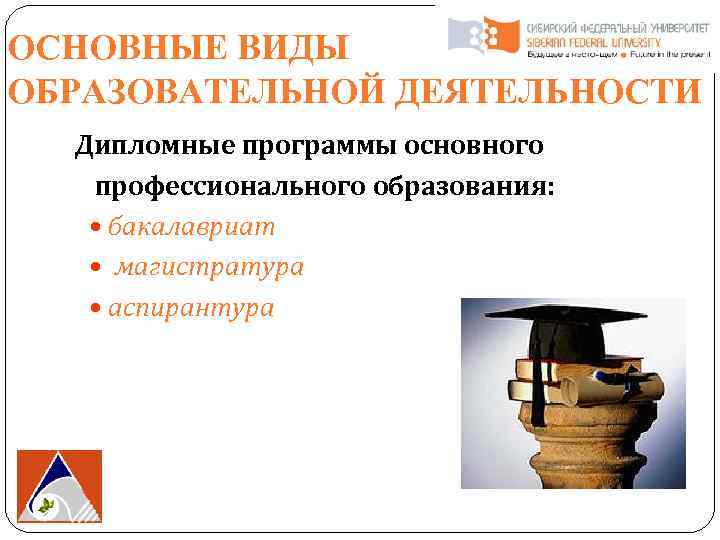 ОСНОВНЫЕ ВИДЫ ОБРАЗОВАТЕЛЬНОЙ ДЕЯТЕЛЬНОСТИ Дипломные программы основного профессионального образования: бакалавриат магистратура аспирантура 