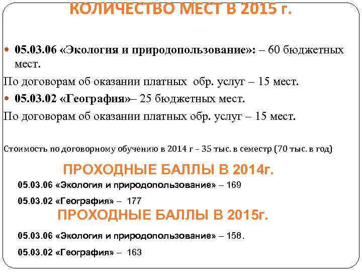 КОЛИЧЕСТВО МЕСТ В 2015 г. 05. 03. 06 «Экология и природопользование» : – 60