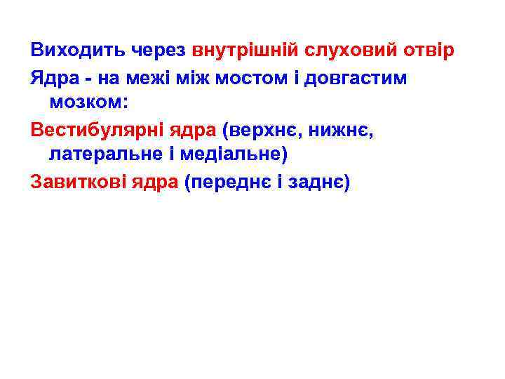 Виходить через внутрішній слуховий отвір Ядра - на межі між мостом і довгастим мозком: