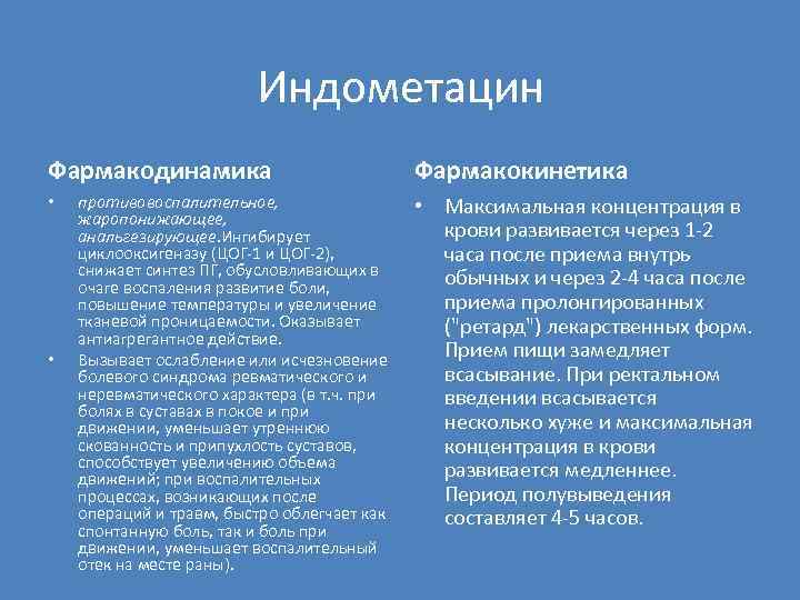Индометацин Фармакодинамика • • противовоспалительное, жаропонижающее, анальгезирующее. Ингибирует циклооксигеназу (ЦОГ 1 и ЦОГ 2),