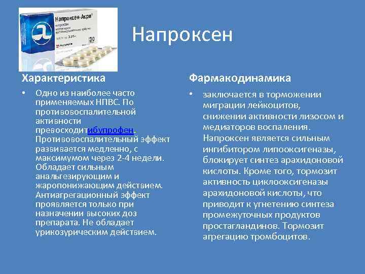 Напроксен Характеристика • Одно из наиболее часто применяемых НПВС. По противовоспалительной активности превосходитибупрофен. Противовоспалительный