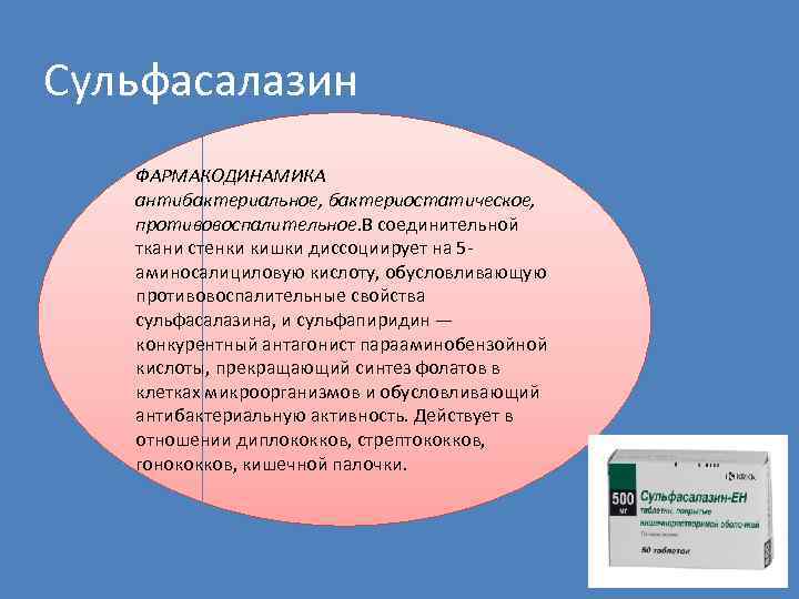 Сульфасалазин ФАРМАКОДИНАМИКА антибактериальное, бактериостатическое, противовоспалительное. В соединительной ткани стенки кишки диссоциирует на 5 аминосалициловую