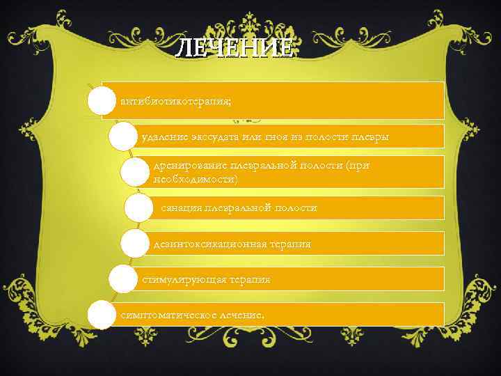 ЛЕЧЕНИЕ антибиотикотерапия; удаление экссудата или гноя из полости плевры дренирование плевральной полости (при необходимости)