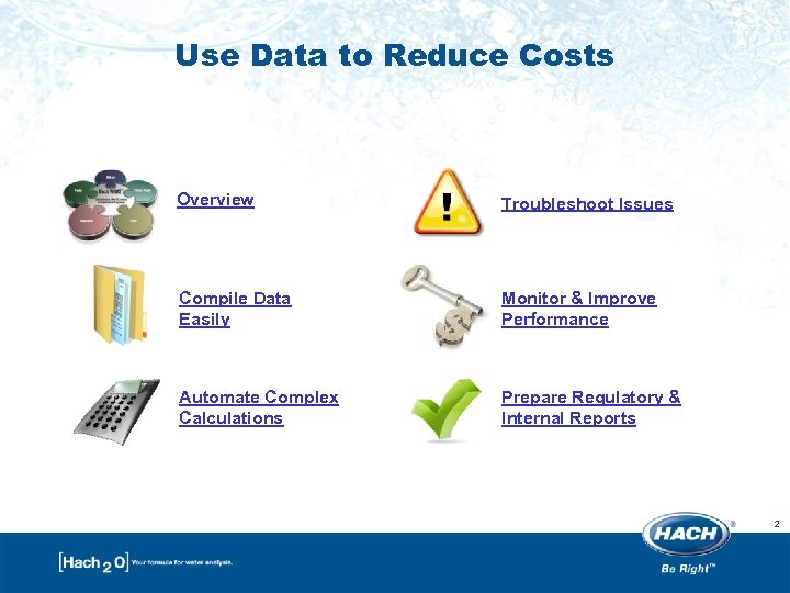 Use Data to Reduce Costs Overview Troubleshoot Issues Compile Data Easily Monitor & Improve