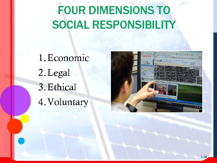 FOUR DIMENSIONS TO SOCIAL RESPONSIBILITY 1. Economic 2. Legal 3. Ethical 4. Voluntary 2