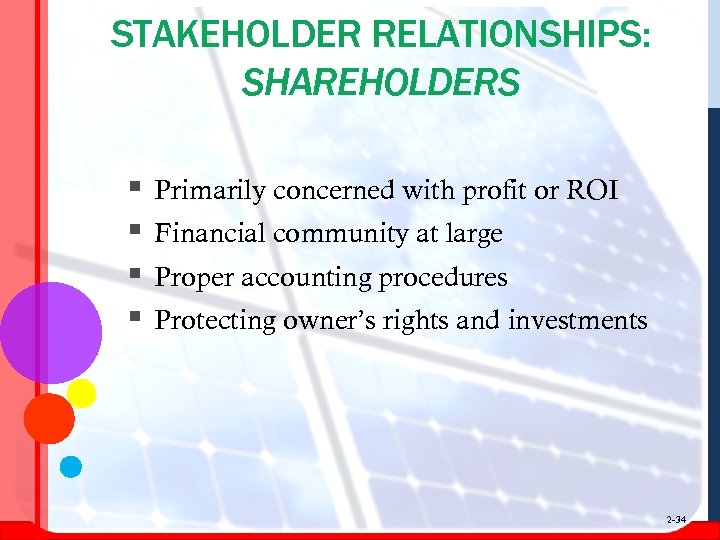 STAKEHOLDER RELATIONSHIPS: SHAREHOLDERS § § Primarily concerned with profit or ROI Financial community at