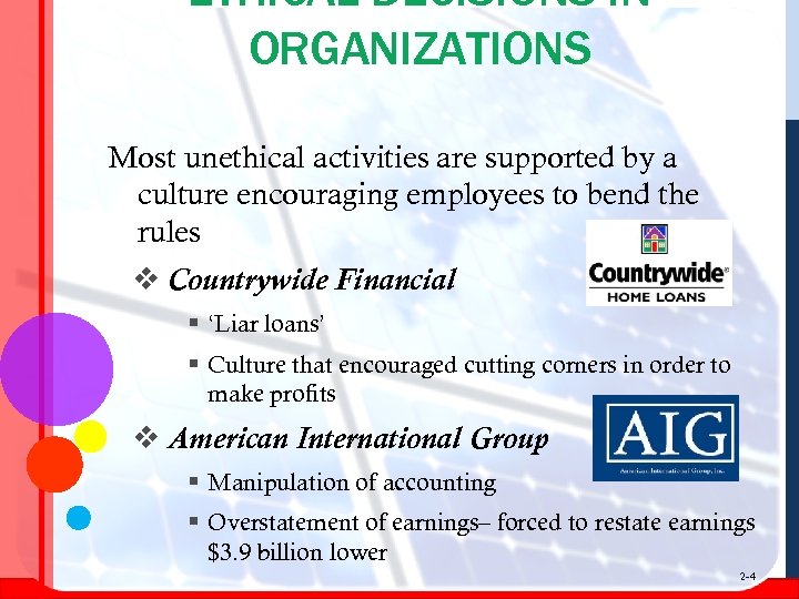 ETHICAL DECISIONS IN ORGANIZATIONS Most unethical activities are supported by a culture encouraging employees