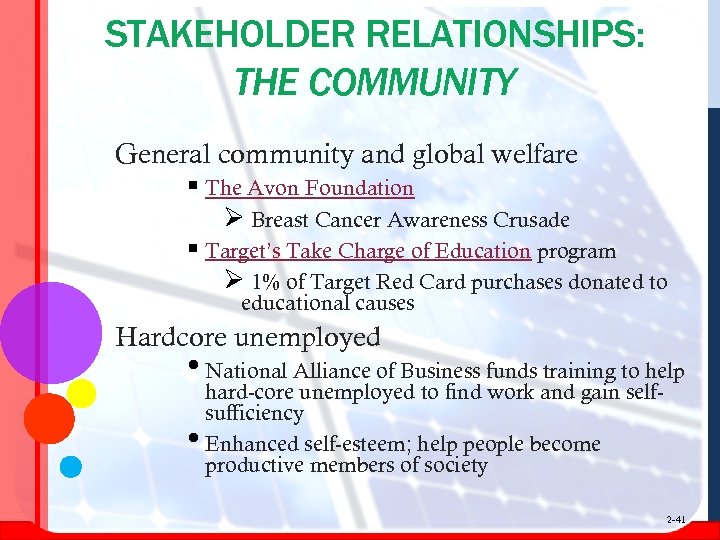 STAKEHOLDER RELATIONSHIPS: THE COMMUNITY General community and global welfare § The Avon Foundation Ø