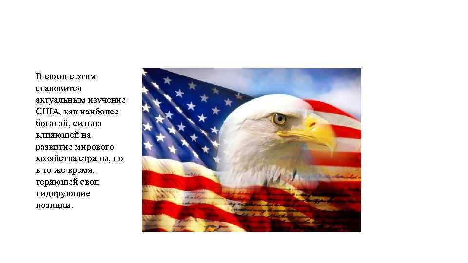 В связи с этим становится актуальным изучение США, как наиболее богатой, сильно влияющей на