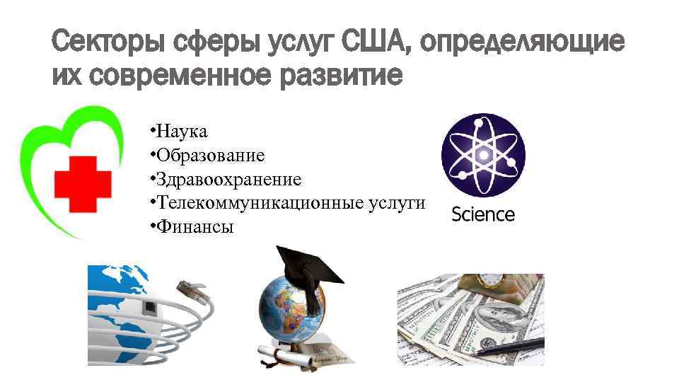 Секторы сферы услуг США, определяющие их современное развитие • Наука • Образование • Здравоохранение