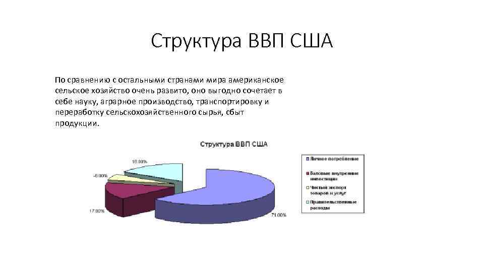 Структура ВВП США По сравнению с остальными странами мира американское сельское хозяйство очень развито,