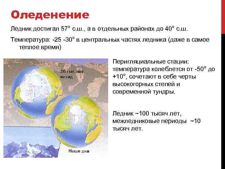 Оледенение Ледник достигал 57° с. ш. , а в отдельных районах до 40° с.