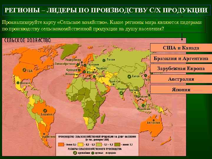 РЕГИОНЫ – ЛИДЕРЫ ПО ПРОИЗВОДСТВУ С/Х ПРОДУКЦИИ Проанализируйте карту «Сельское хозяйство» . Какие регионы