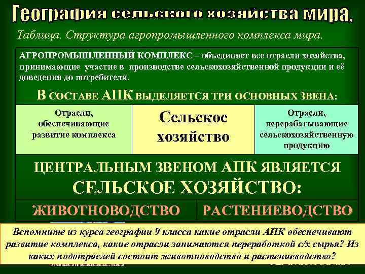 Таблица. Структура агропромышленного комплекса мира. АГРОПРОМЫШЛЕННЫЙ КОМПЛЕКС – объединяет все отрасли хозяйства, АГРОПРОМЫШЛЕННЫЙ КОМПЛЕКС