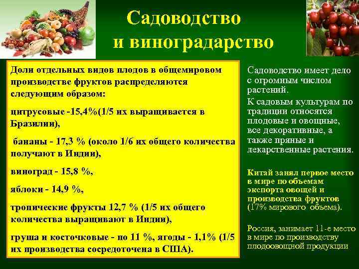  Садоводство и виноградарство Доли отдельных видов плодов в общемировом • Садоводство имеет дело