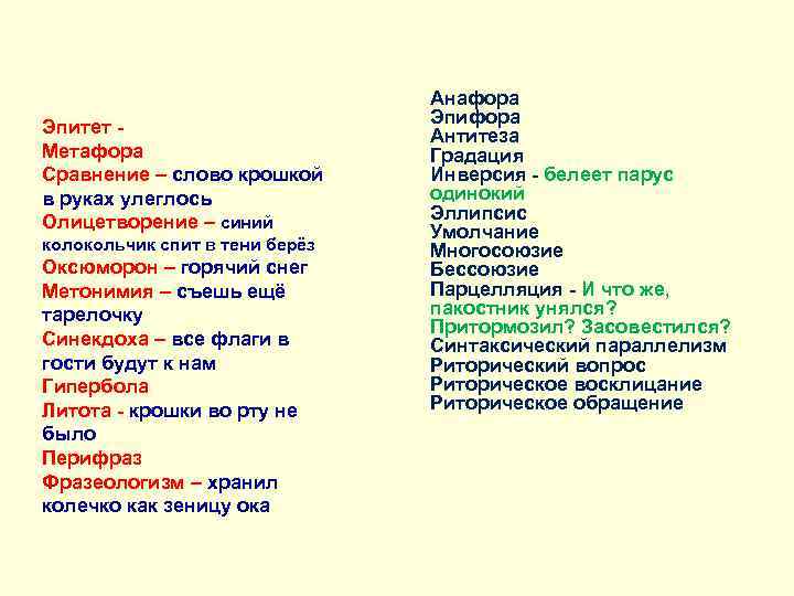 Эпитет Метафора Сравнение – слово крошкой в руках улеглось Олицетворение – синий колокольчик спит