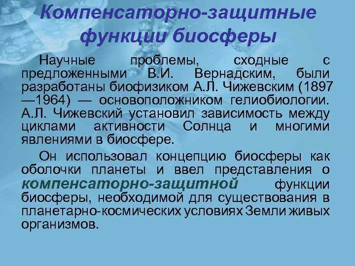 Компенсаторно-защитные функции биосферы Научные проблемы, сходные с предложенными В. И. Вернадским, были разработаны биофизиком