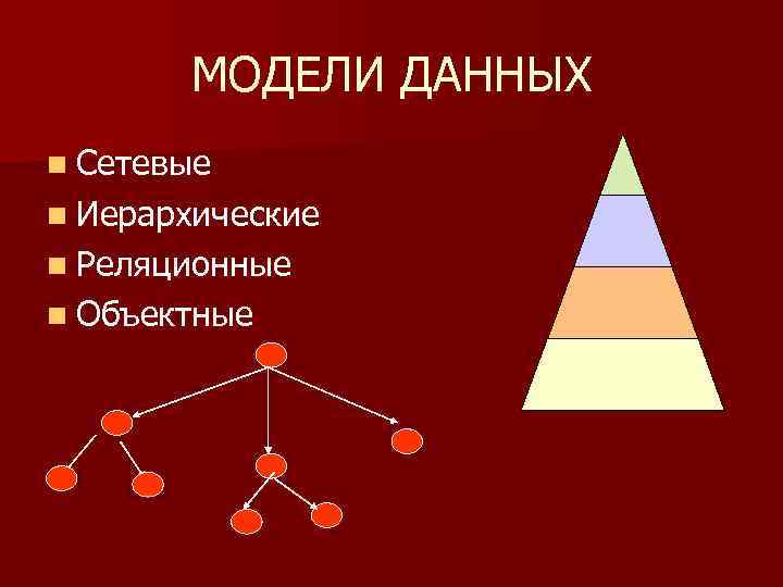 МОДЕЛИ ДАННЫХ n Сетевые n Иерархические n Реляционные n Объектные 
